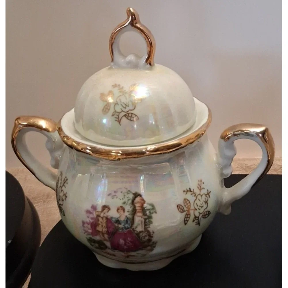 Vintage 1960s Made in Japan Courting Couple Demitasse Tea Set Gold Trim 13 Pc‎